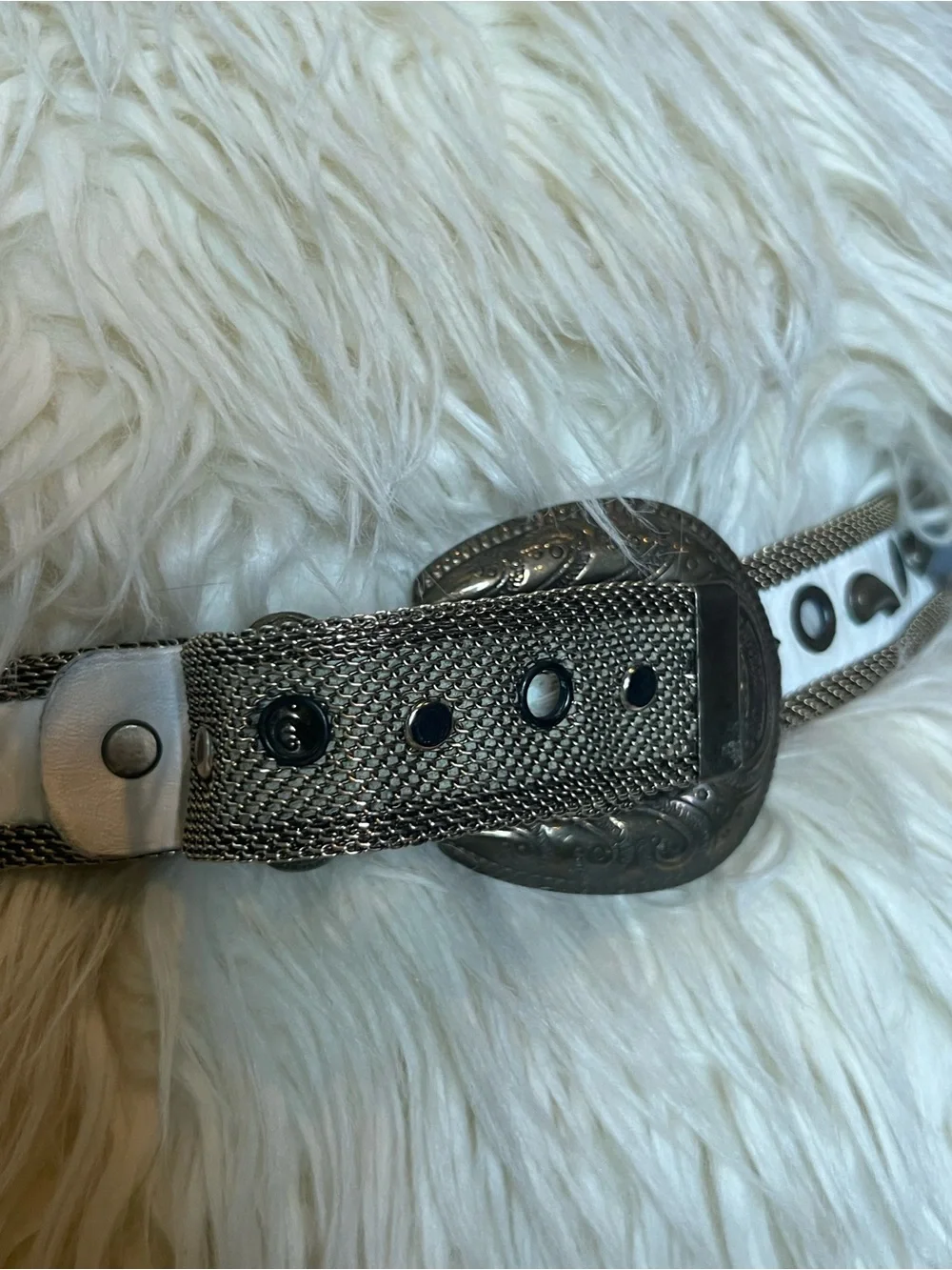 White & Antique Bronze Western Statement Belt with Chainmail Mesh paisley detail